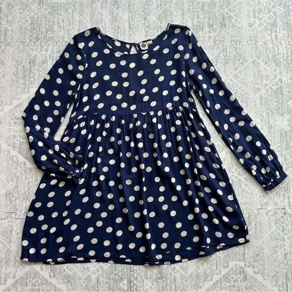 Roxy Sun Empire Navy Classic Polka Dot Babydoll Mini Dress Size S Balloon Sleeve - Picture 5 of 16